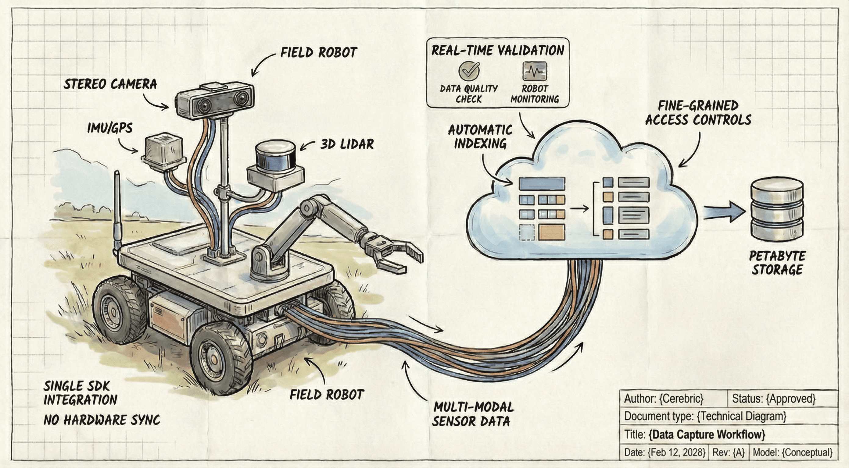 Data Capture workflow: robot with sensors streaming multi-modal data to cloud storage