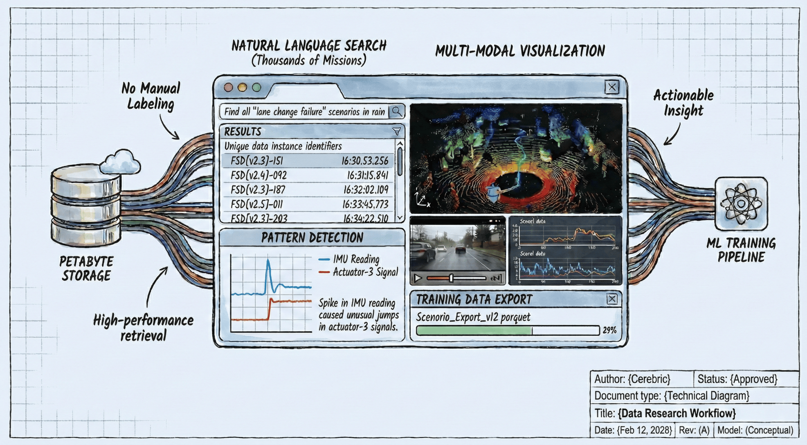Data Research workflow: natural language search, multi-modal visualization, and pattern detection